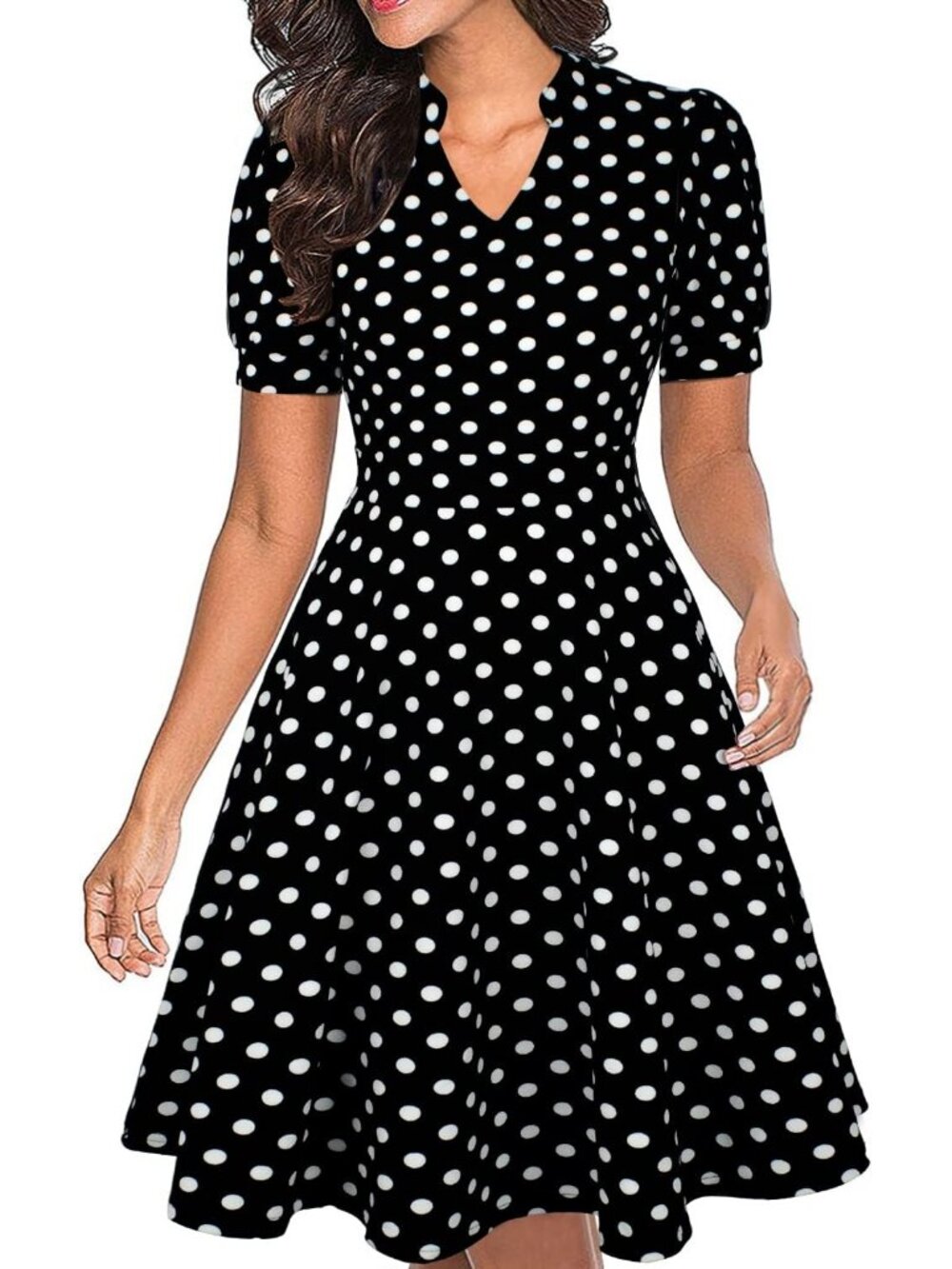 Women's Summer Puff Sleeve Fit & Flare Midi Dress with Pockets Work Church-Black